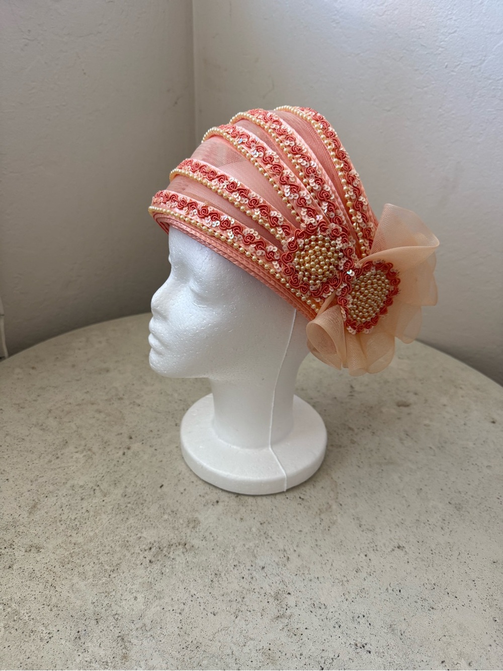 Peach Pink Beaded Turban Headwrap with Pearl Heart Accent